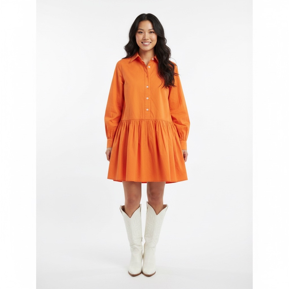 Caryn Lawn NWT $182 Cotton Pleated Drop Waist Dress OSFM Pockets Burnt Orange